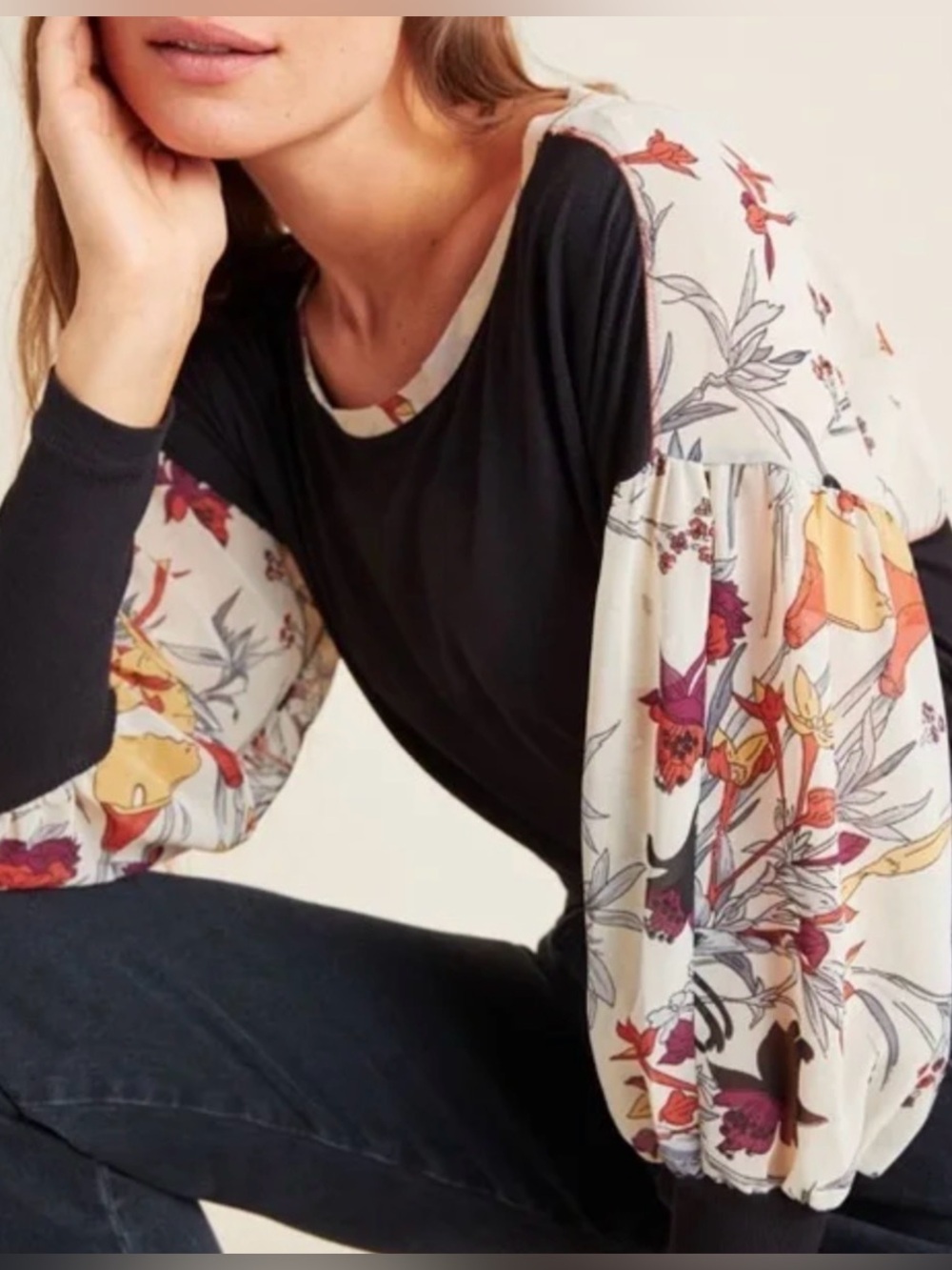 Anthropologie Tiny Raye Black Top with Floral Balloon Sleeves - Cream Floral